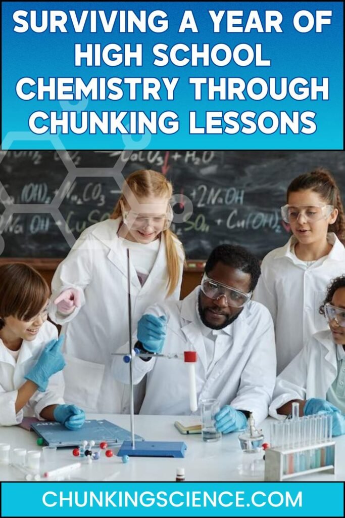 A science teacher in a lab coat works on a science experiment at a desk with a group of diverse young teens.